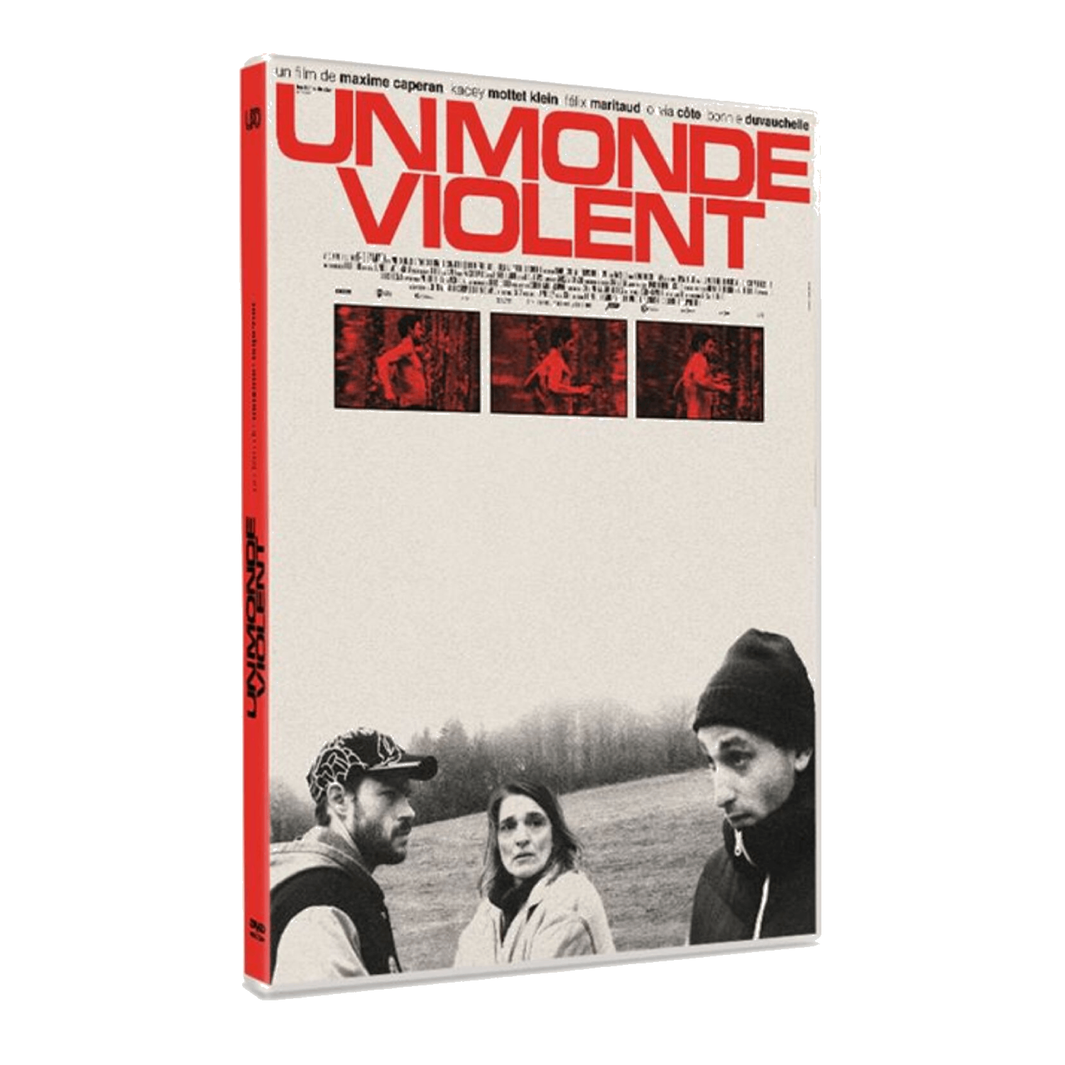 Couverture DVD. Titre : Un Monde Violent. Trois personnes devant un champ avec un arrière-plan flou et trois captures d'écran rouges.