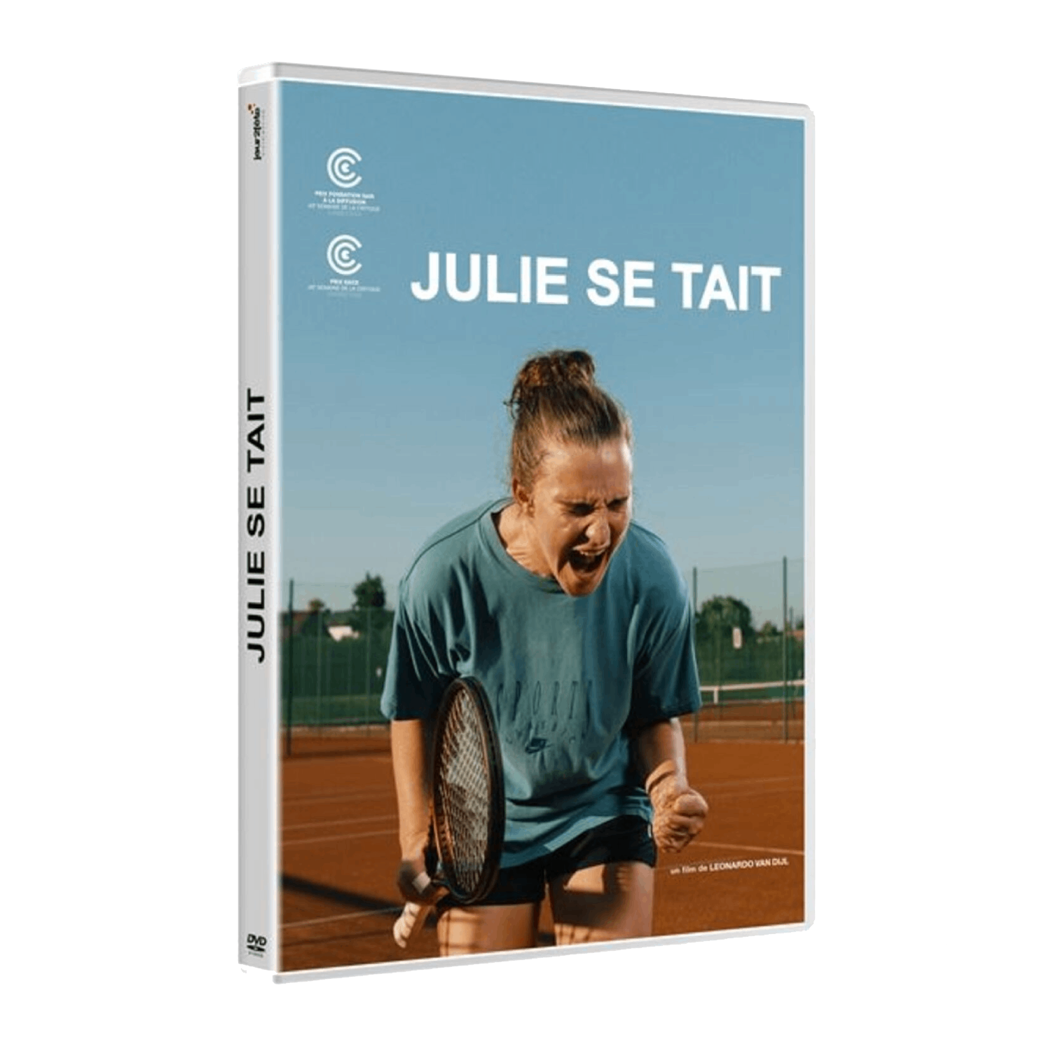 Boîtier DVD, femme sur court de tennis, bouche ouverte, tenant une raquette. Ciel bleu, texte : Julie Se Tait. Film de Leonardo Van DUL.
