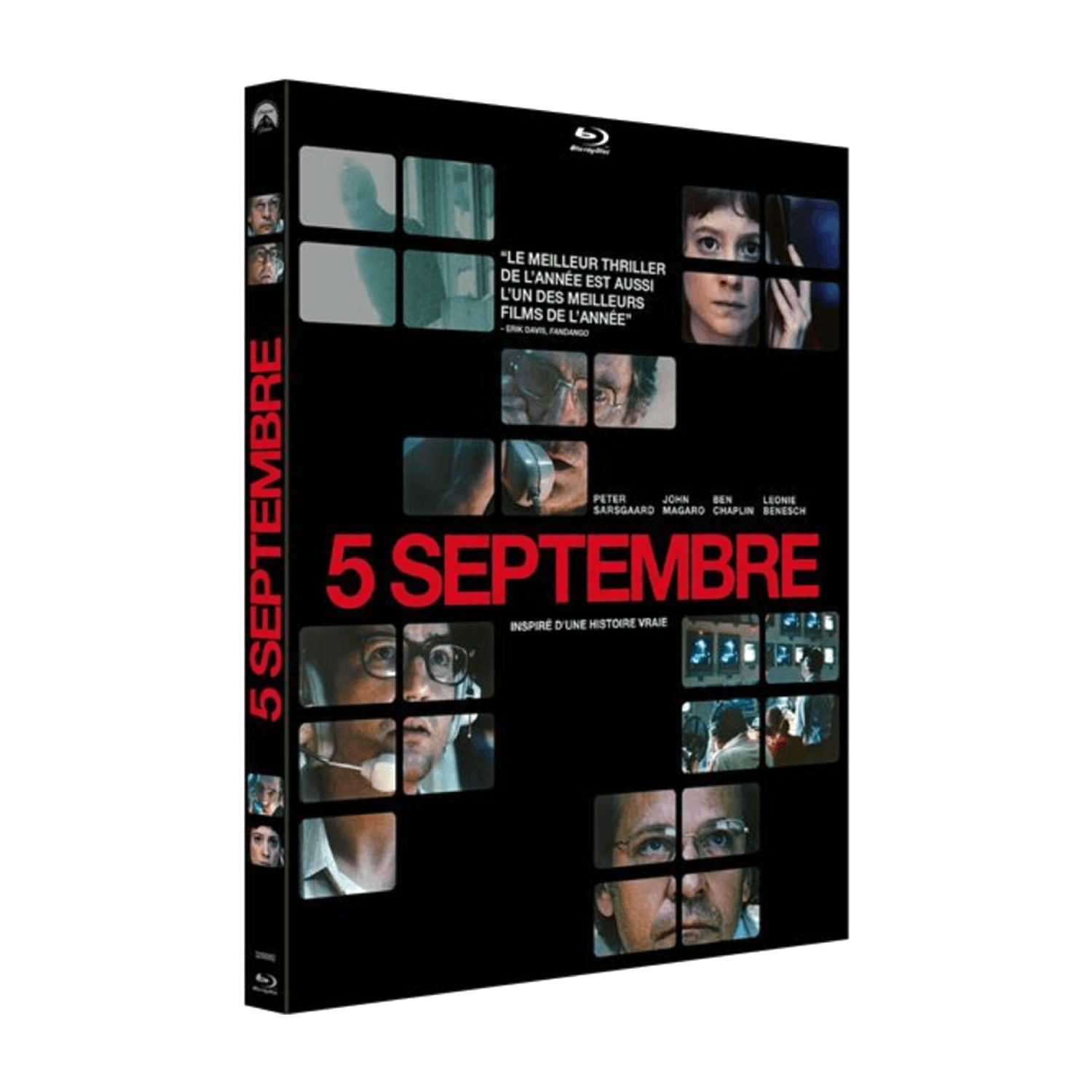 Couverture de film avec le titre '5 Septembre', visages d'acteurs et une citation. Fond noir avec texte rouge. Logo Blu-ray.