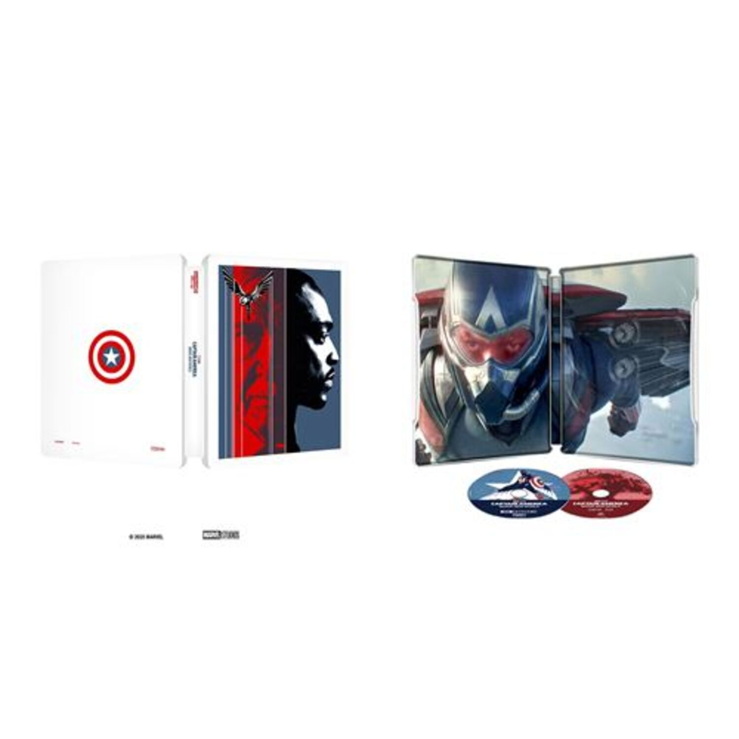 Marvel's The Falcon and the Winter Soldier Blu-ray set. Shows cover art with Captain America's shield and the Falcon's face. Discs are also visible.