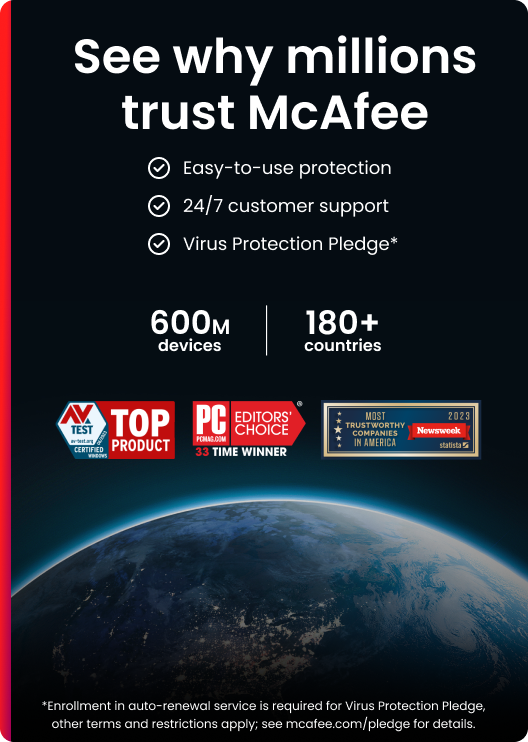 Publicité McAfee. Texte : Pourquoi des millions font confiance à McAfee. Caractéristiques : protection, support. Statistiques : 600M appareils, 180+ pays. Récompenses, terre.