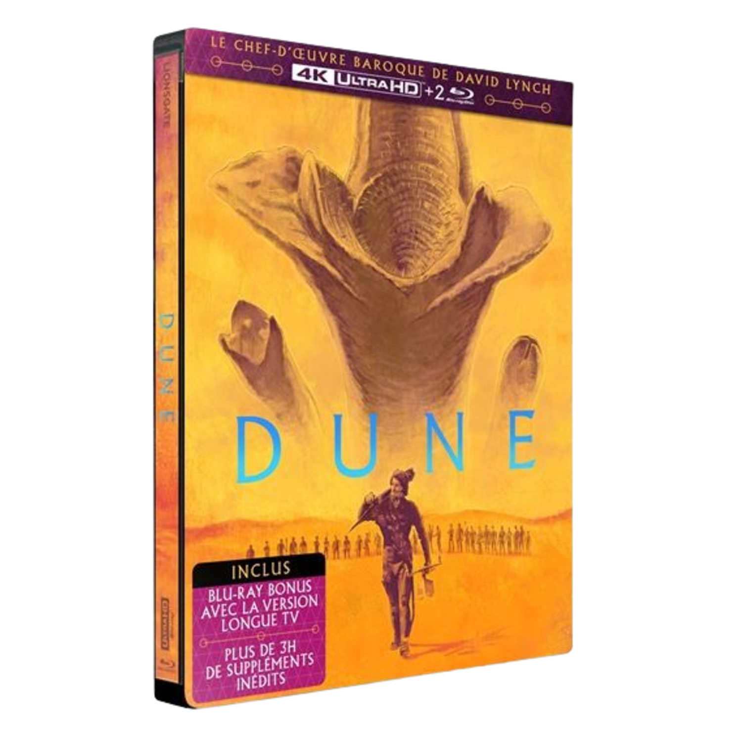 Couverture Blu-ray de Dune. Un homme marche vers une foule. Le titre est grand et bleu. Le fond est jaune avec une grande forme abstraite.