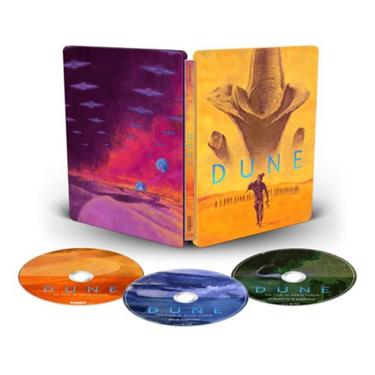 Coffret Blu-ray de Dune. L'étui ouvert montre une silhouette marchant vers une grande forme. Disques orange, bleus et verts.