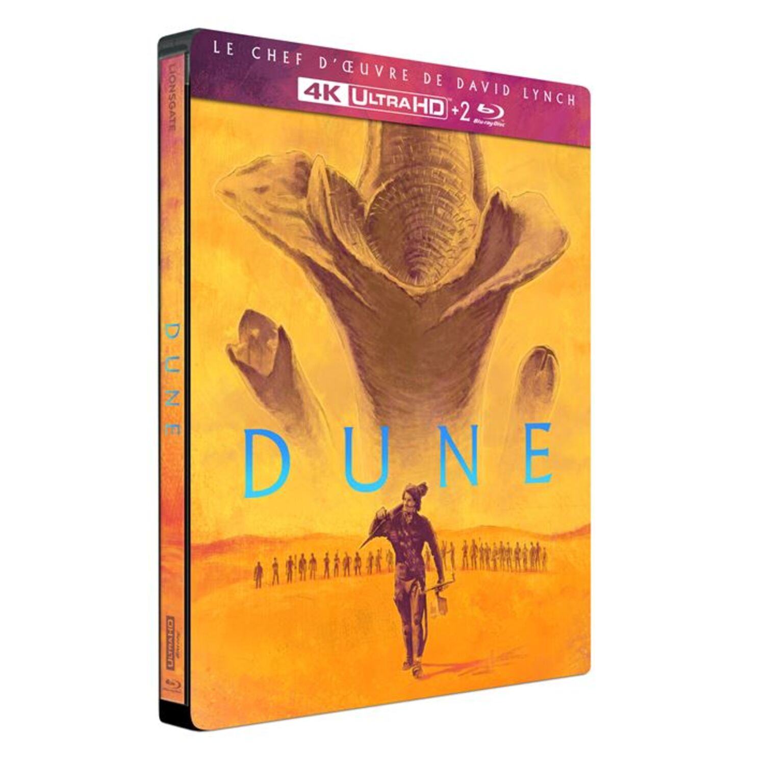 Couverture du film Dune. Une silhouette marche vers le spectateur. Des dunes forment l'arrière-plan. Le texte inclut "Dune" et "4K Ultra HD".