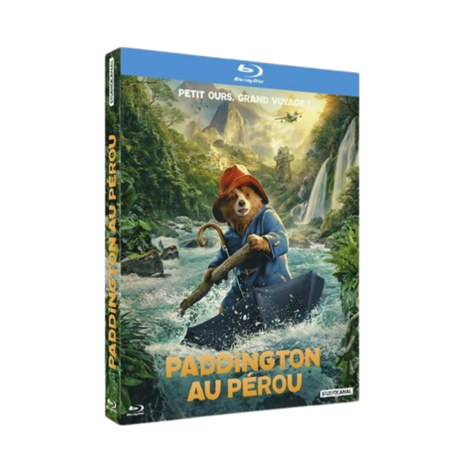 Couverture du film Paddington au Pérou. Paddington Bear en manteau bleu et chapeau rouge, tenant un parapluie, dans une rivière avec une cascade.