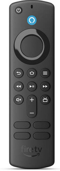 Czarny pilot Fire TV z różnymi przyciskami, w tym zasilaniem, Alexą, okrągłym panelem nawigacyjnym i regulacją głośności. Widoczne jest logo FireTV.