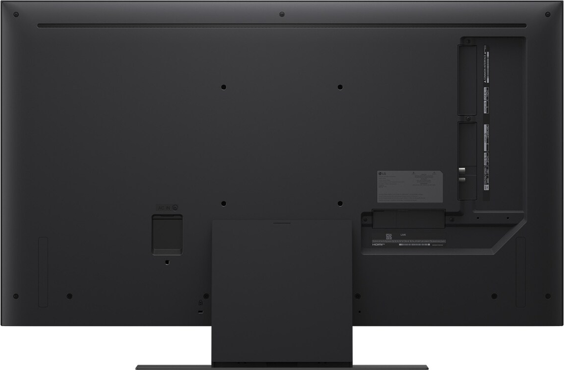 Il retro di una TV LG nera. Include porte per varie connessioni e un supporto in basso. Le porte AC IN e LAN sono visibili.