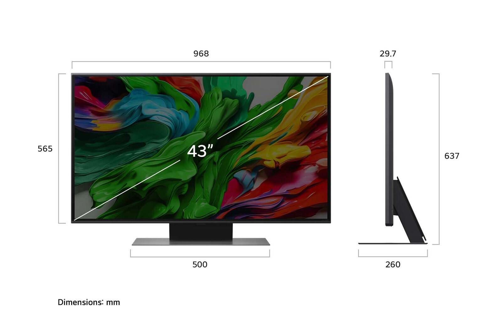 Una TV da 43 pollici mostra arte astratta colorata. Le dimensioni sono visualizzate con misure. La TV è su un supporto.