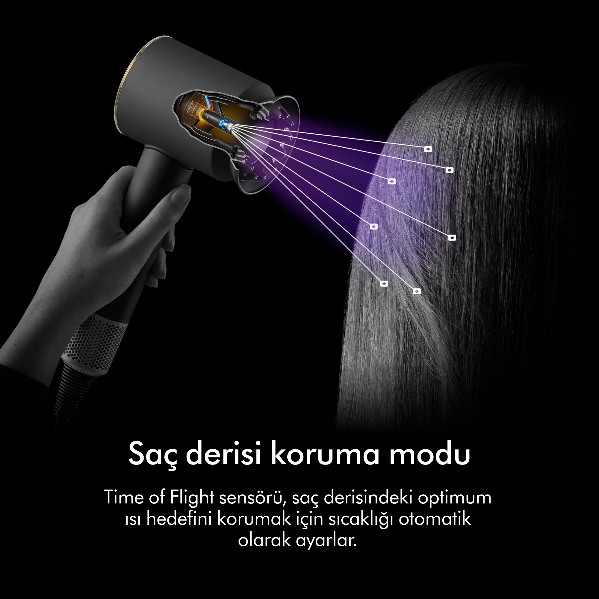 Siyah bir saç kurutma makinesi, mor ışınlar yayarak saçın üzerinde tutuluyor. Metinde 'kafa derisi koruma modu' yazıyor.