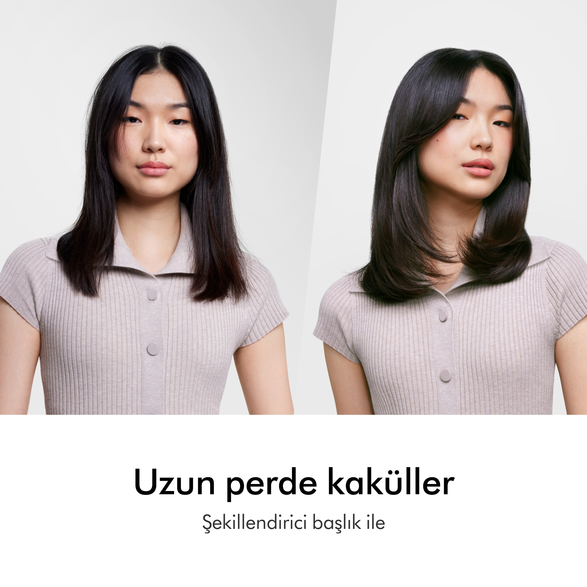 Uzun, koyu saçlı bir kadın, beyaz bir arka plan üzerinde, açık renk yakalı bir gömlek giyerek iki saç stilini gösteriyor.