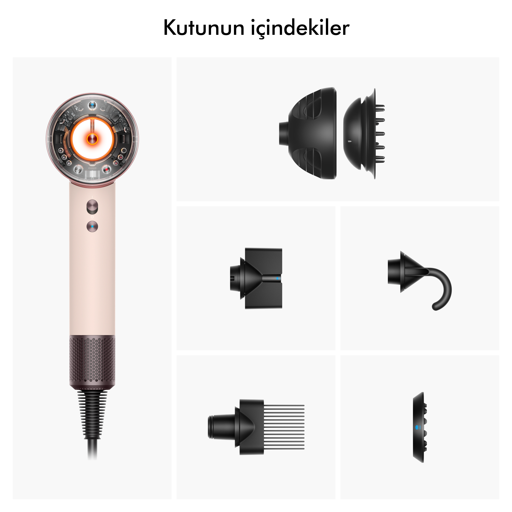 Eklentili saç kurutma makinesi. Kurutucu pembe ve gümüştür. Eklentiler siyah renktedir, difüzör, başlık ve diğer şekillendirme araçları dahil.