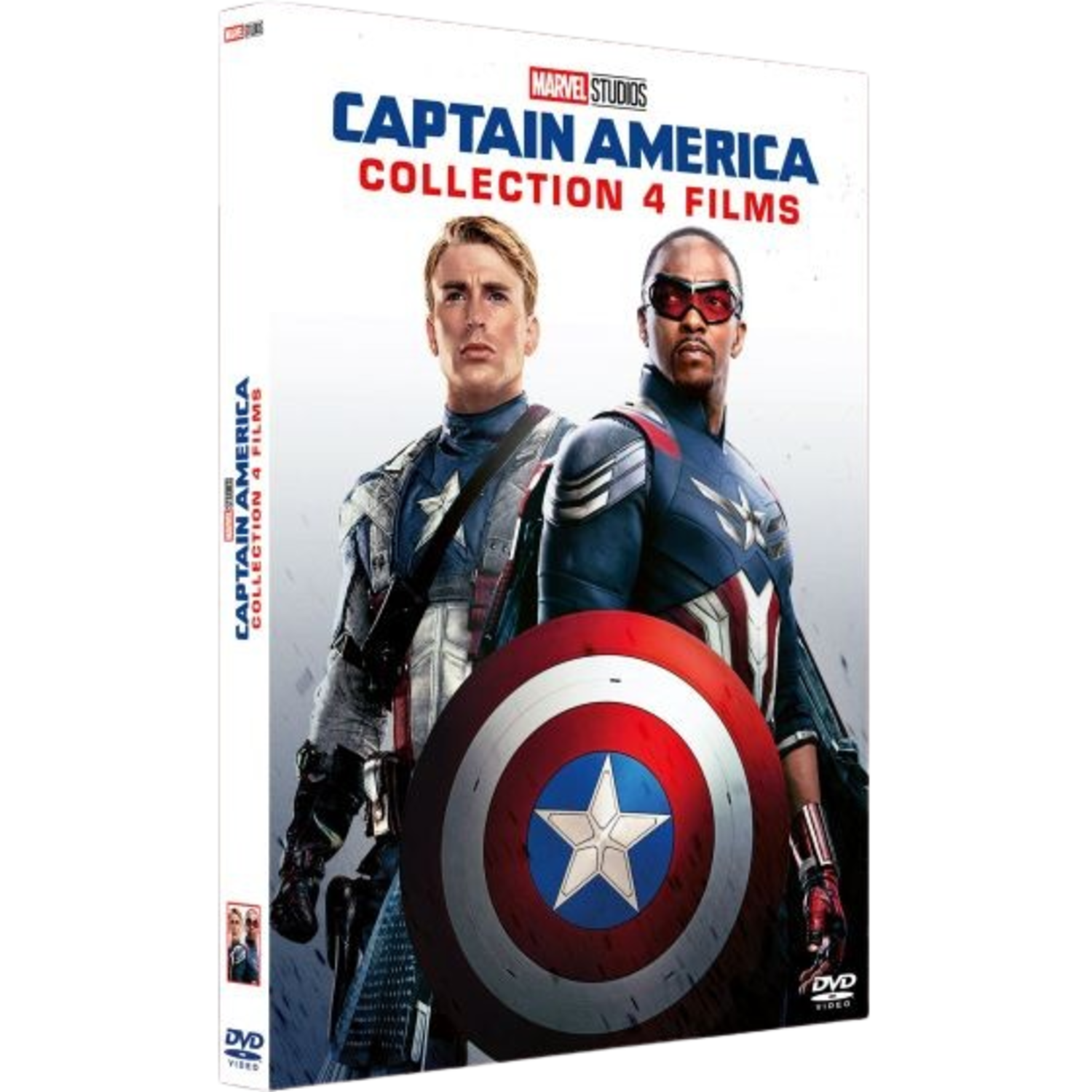 DVD-hoes: Captain America en Falcon met schild. Tekst: 'Captain America Collection 4 Films' en 'Marvel Studios'.