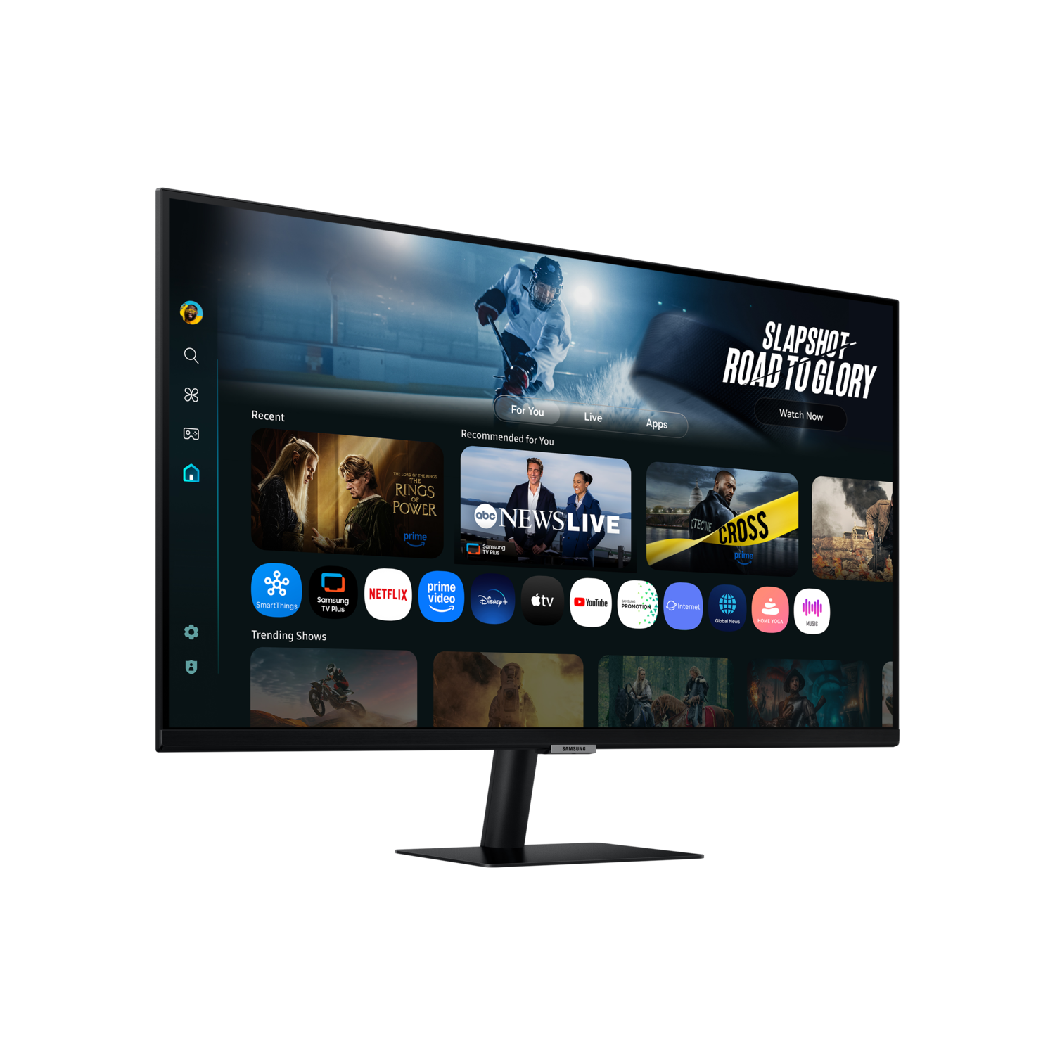 A Samsung monitor displays a smart TV interface. The screen shows apps, streaming services, and a hockey game scene.