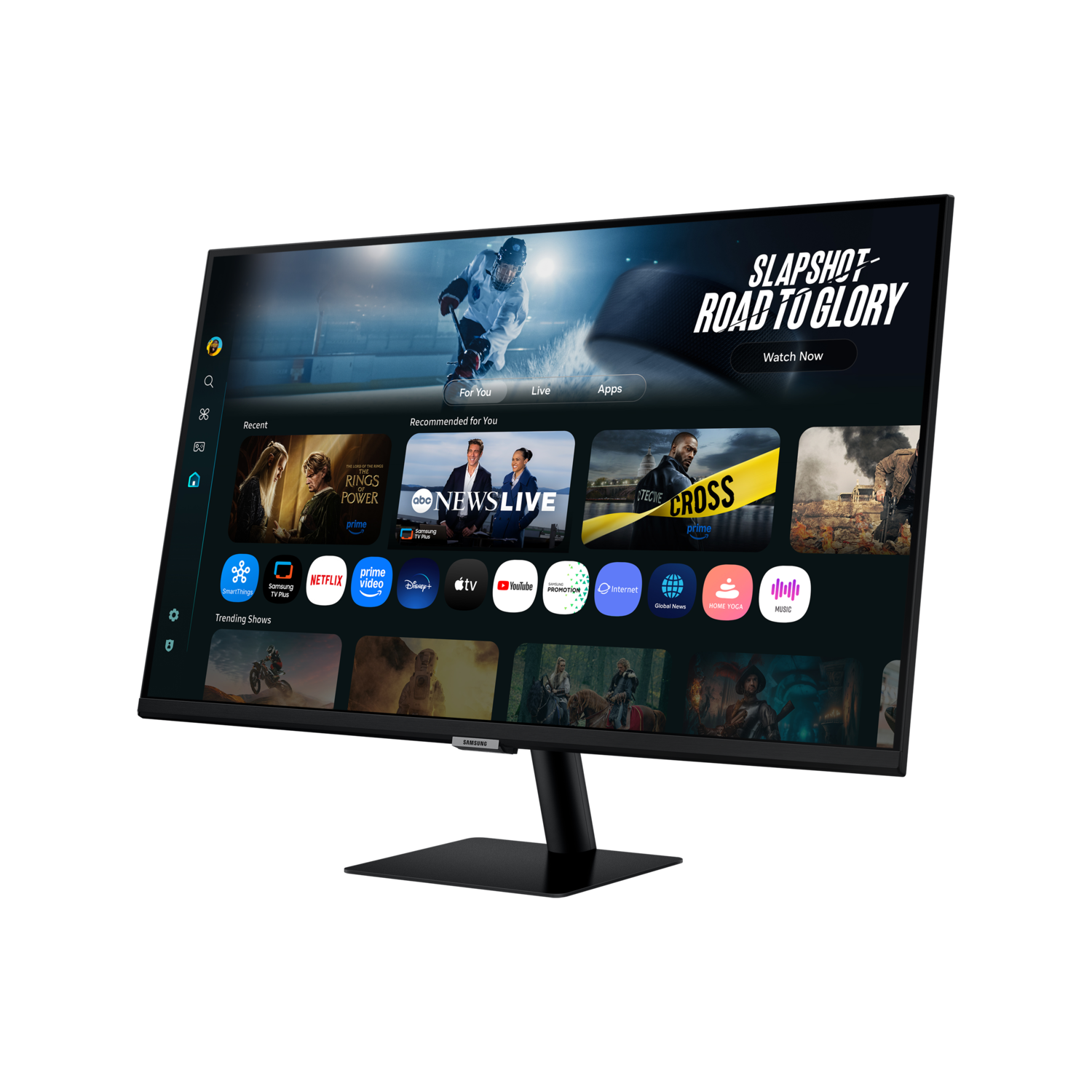 A black Samsung monitor displays a streaming service interface with movie and app icons. The screen shows a hockey game.
