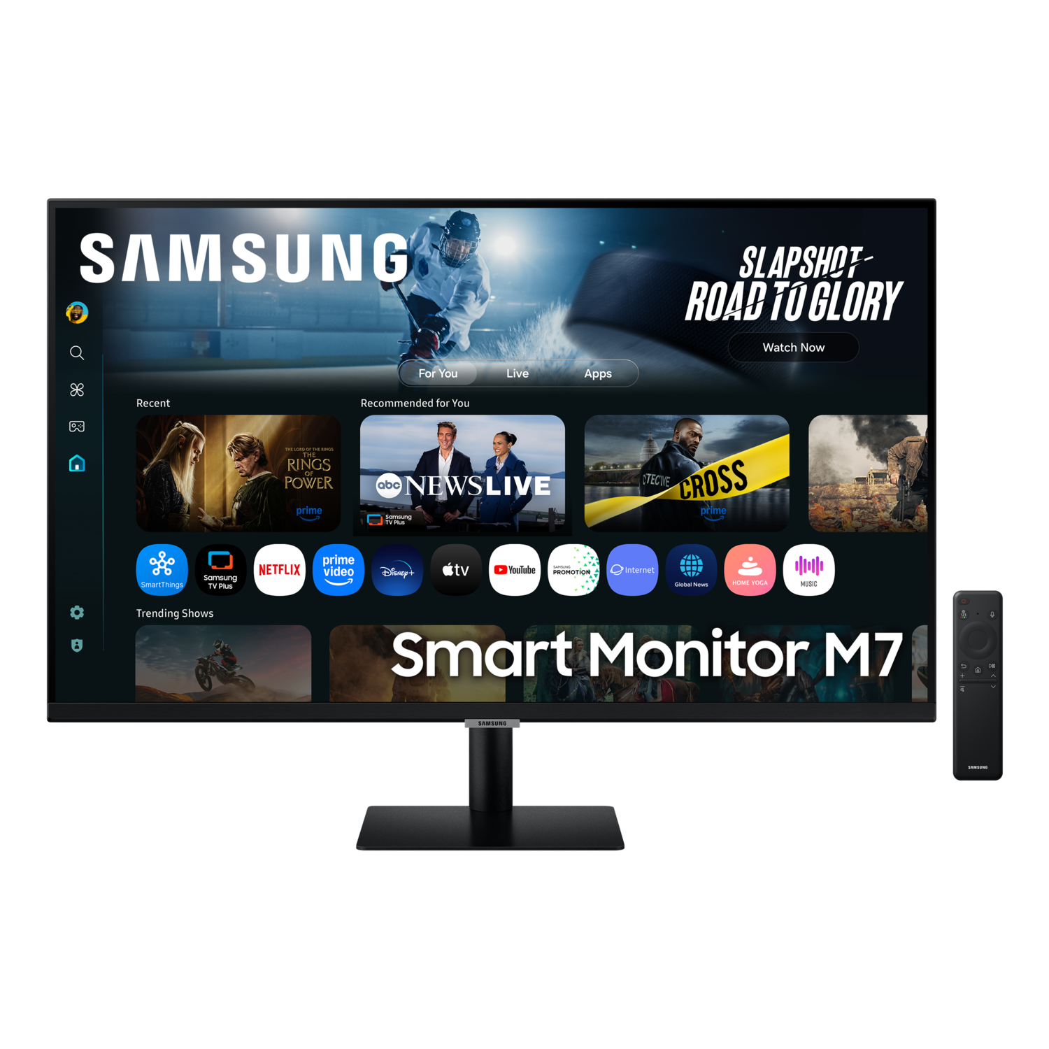Samsung Smart Monitor M7. Shows streaming apps. Includes a remote. Displaying hockey and TV show previews.
