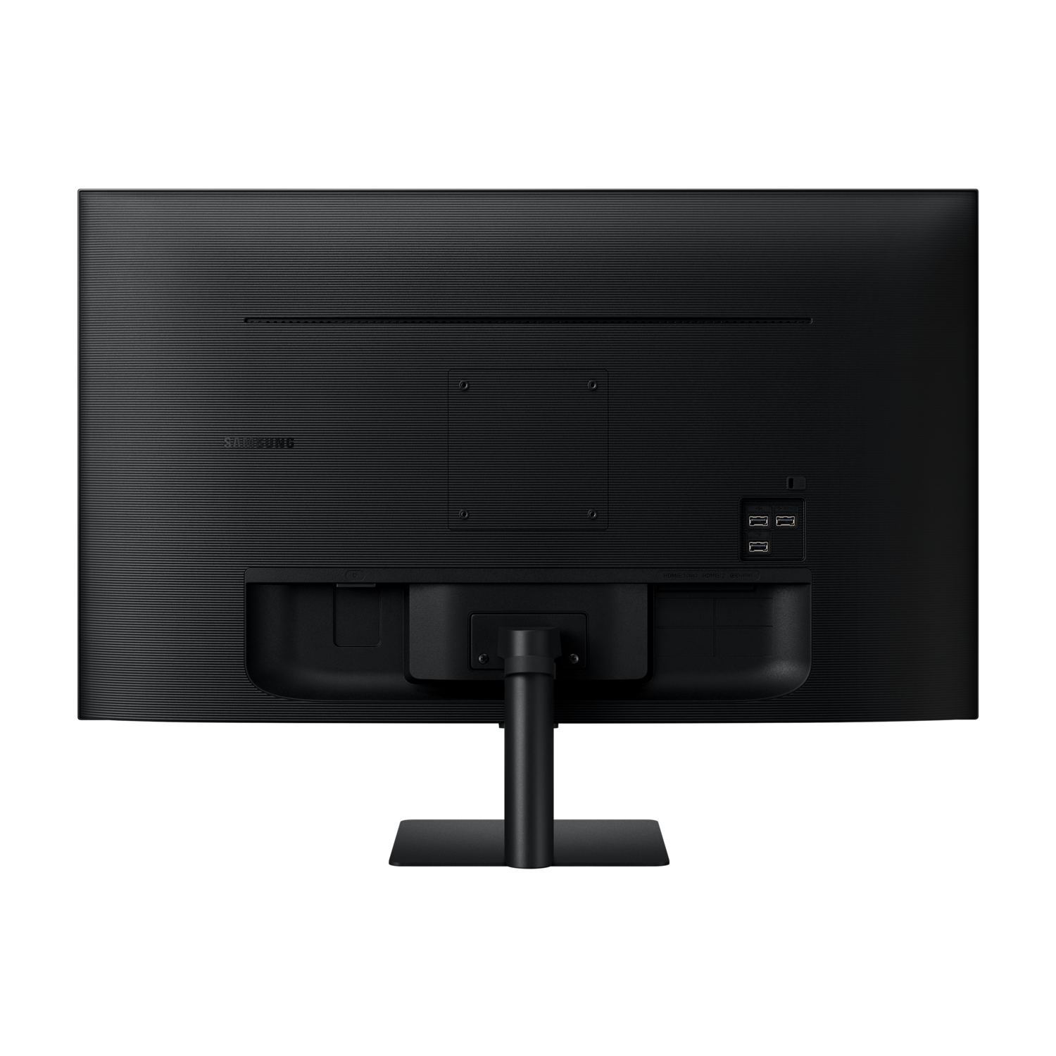 Back of a black Samsung monitor. It has a stand, ports, and the Samsung logo. The surface has horizontal lines.