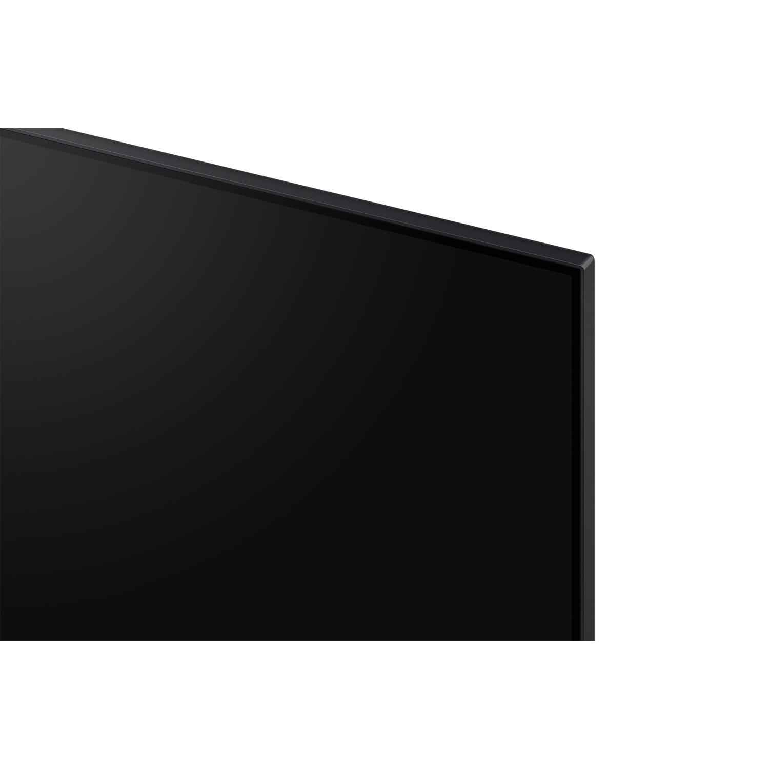 Close-up of a black TV screen edge. The corner is slightly rounded, and the frame is thin. The background is pure black.
