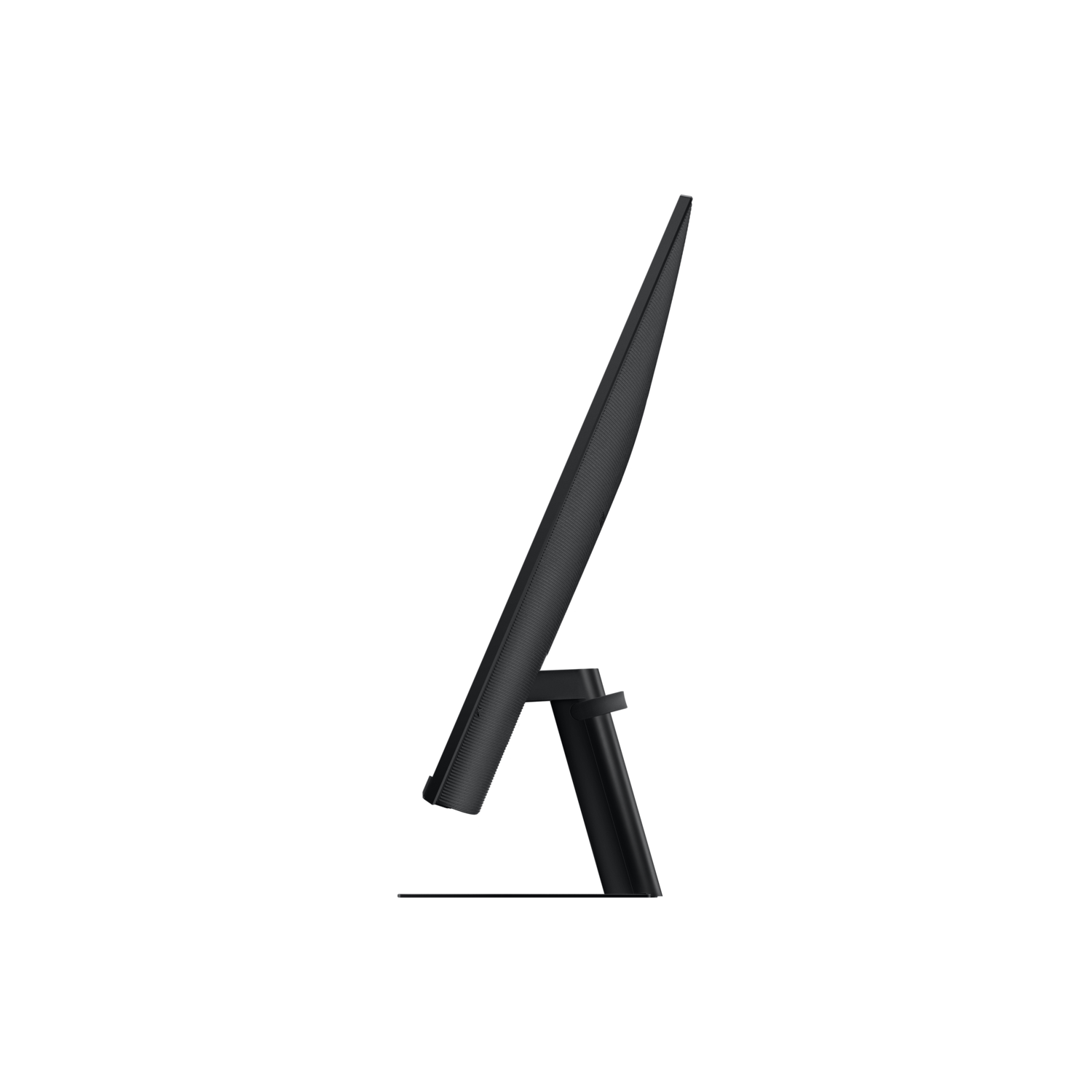 A side view of a black computer monitor is displayed against a black background. The monitor is tilted, showing its thin frame and stand.