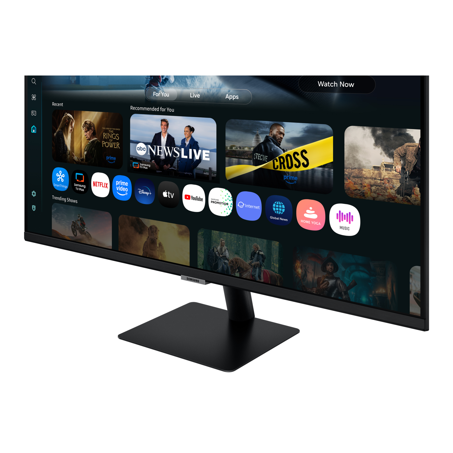 A black Samsung monitor displays a smart TV interface. Icons for apps like Netflix, Prime Video, and Disney+ are visible.