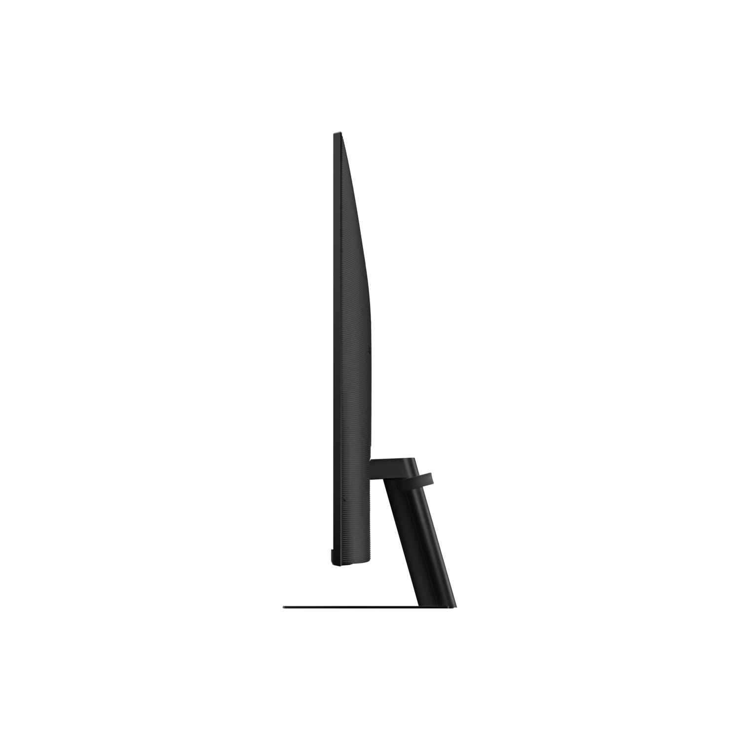 A side view of a black computer monitor on a black stand, set against a black background.