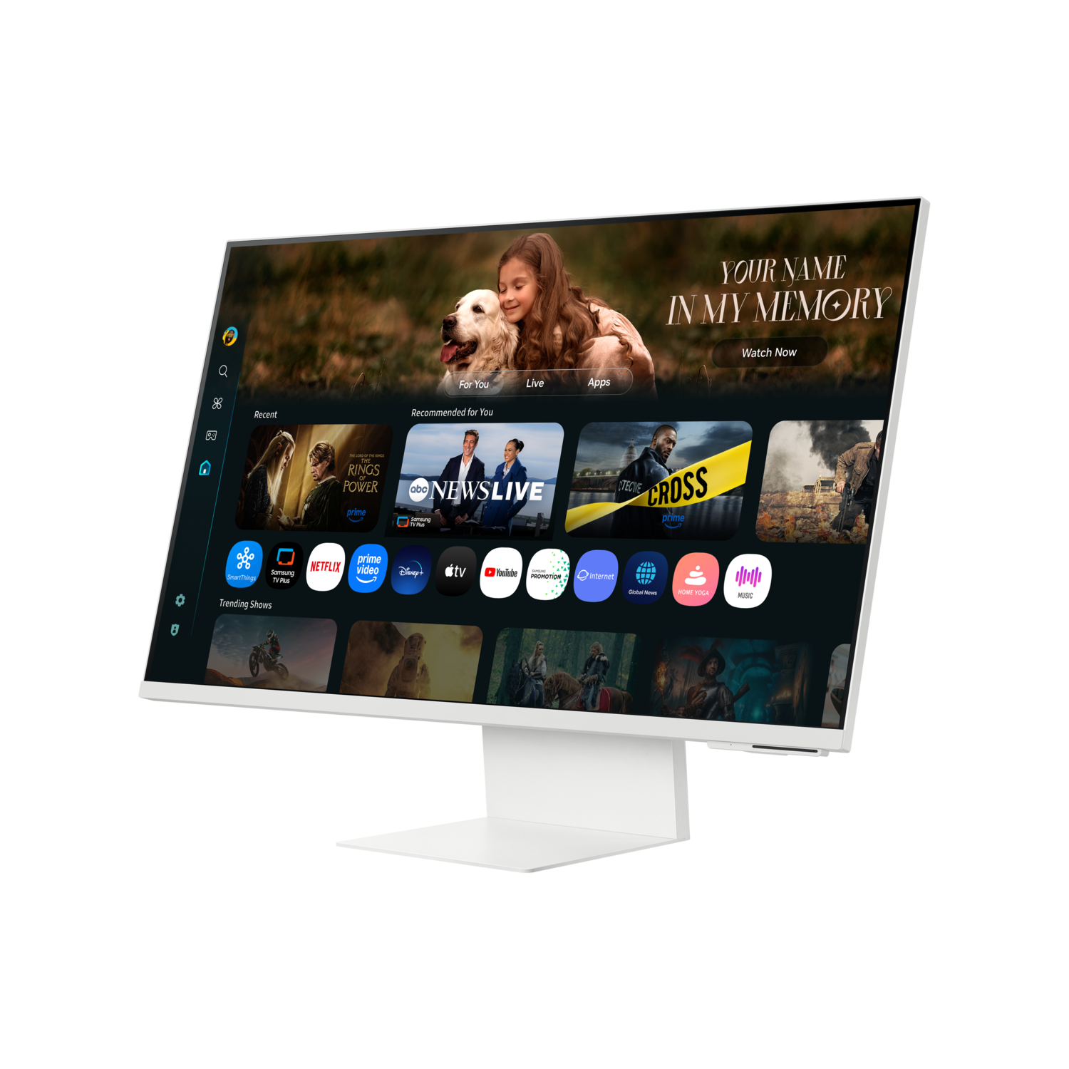 Un moniteur blanc affiche une interface TV. L'écran affiche une affiche de film, des icônes d'applications et des options d'émissions tendances.