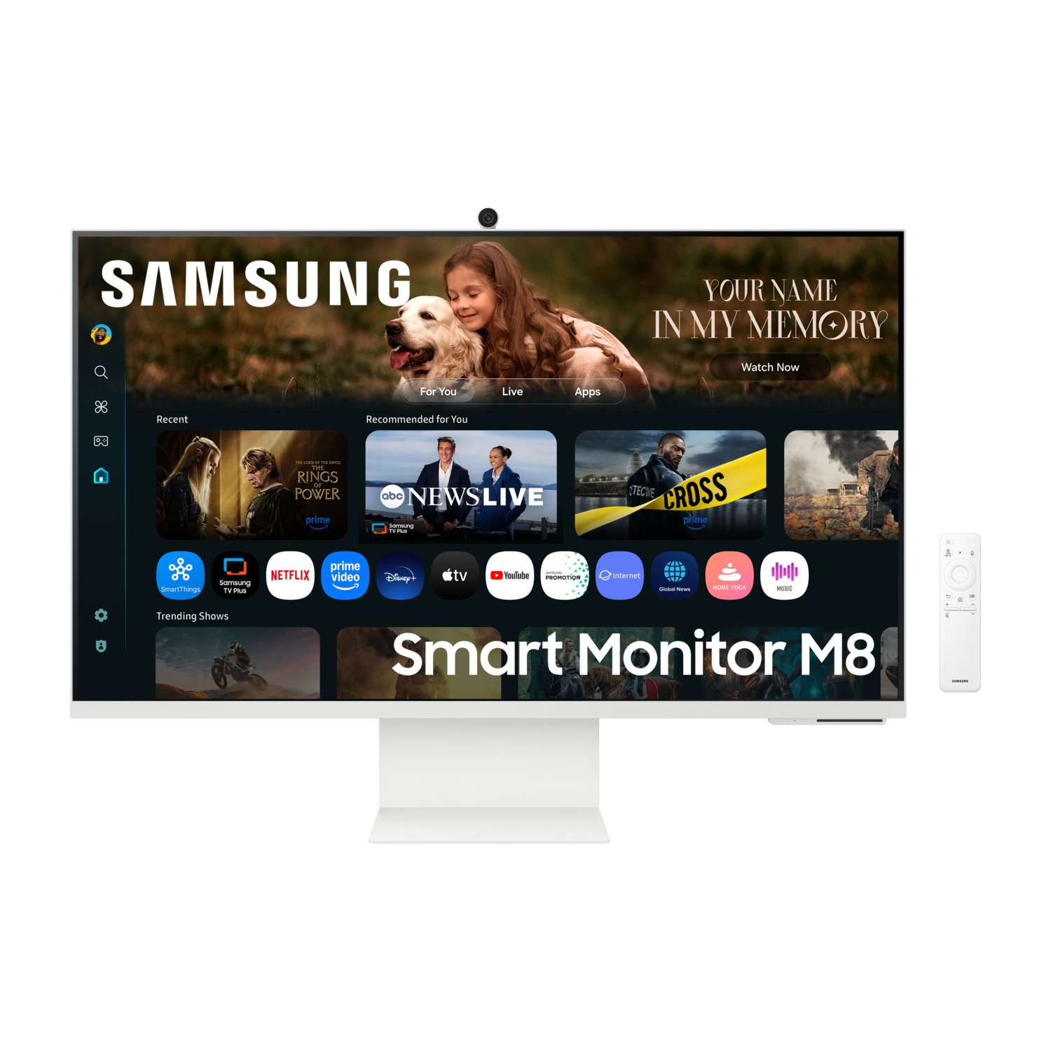 Un moniteur intelligent Samsung M8 blanc affiche l'interface. Une télécommande est à droite. L'écran montre diverses applications et du contenu.