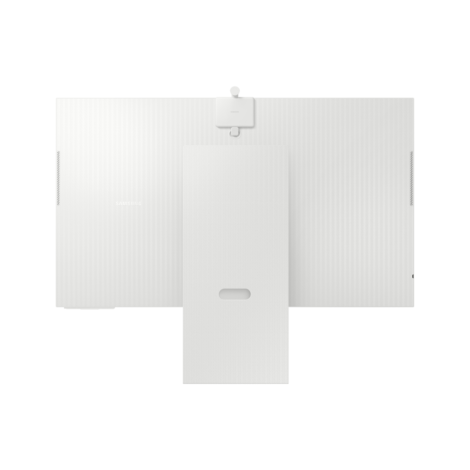 Écran Samsung blanc avec support. L'arrière a une surface texturée. Une caméra est fixée en haut.
