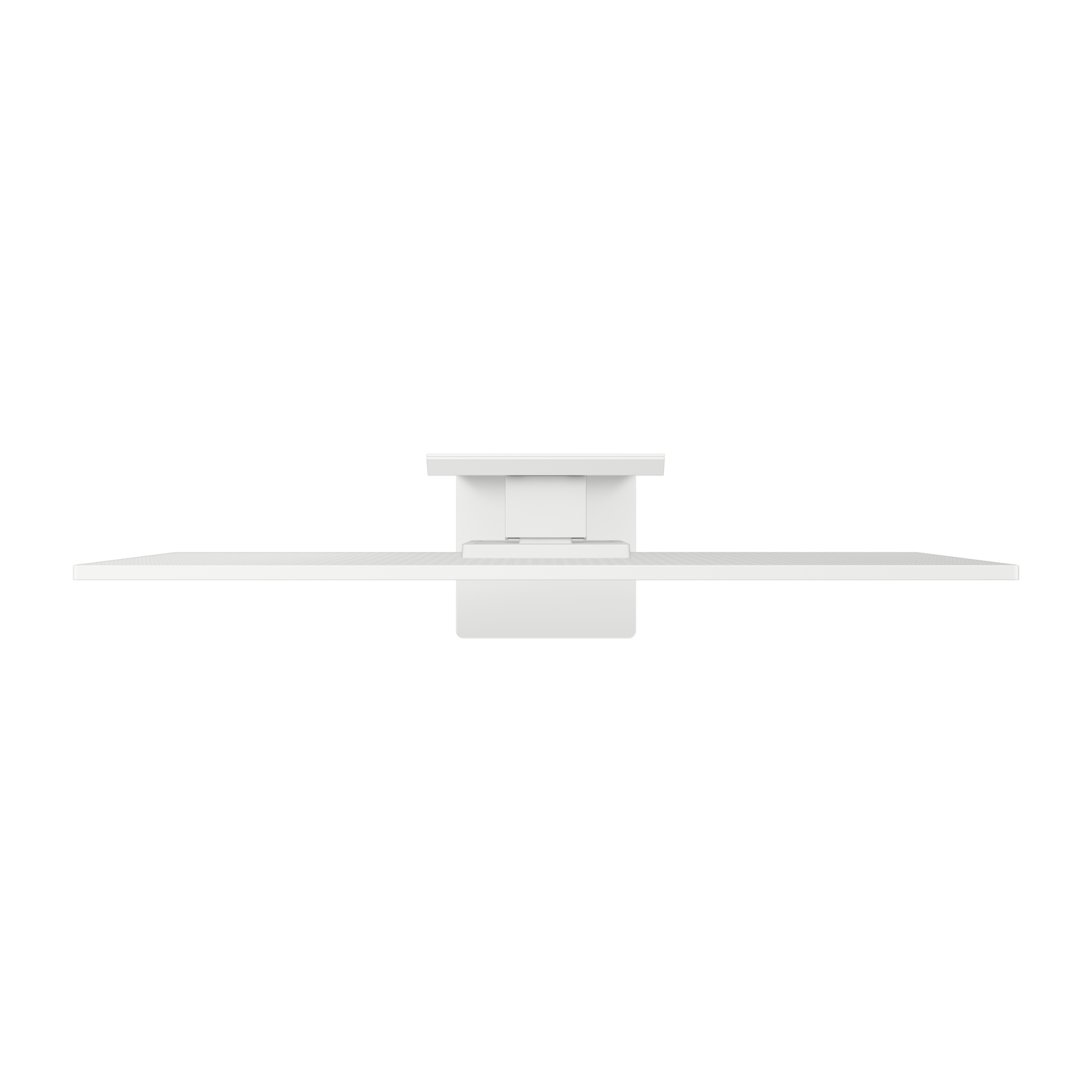 Une étagère et un support blancs sont centrés sur un fond noir. L'étagère s'étend horizontalement. Le support est en forme de boîte.