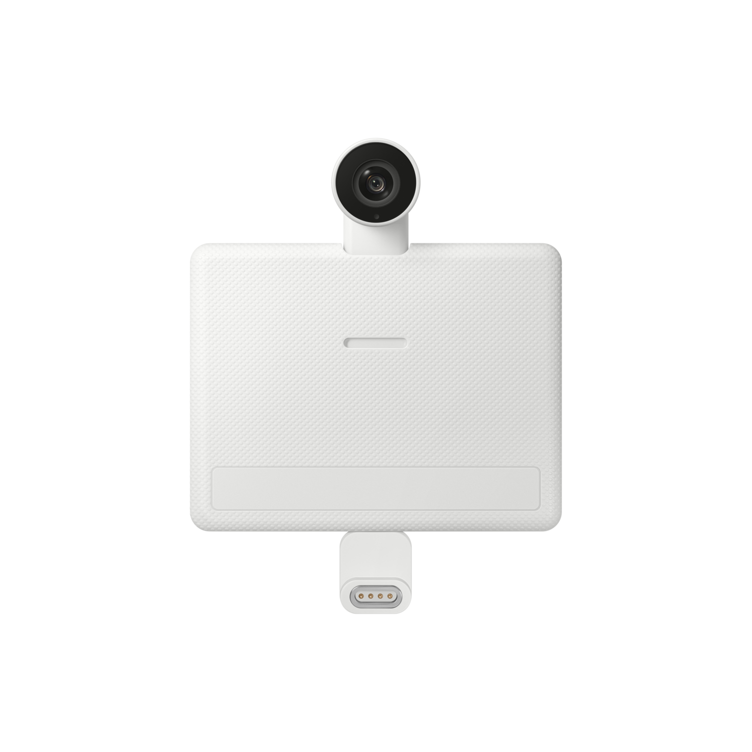 Un appareil blanc avec une caméra en haut et un connecteur en bas, sur fond noir.