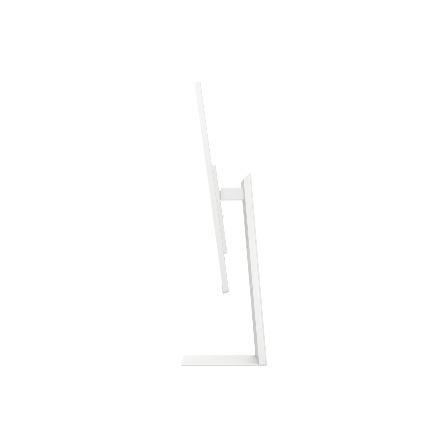 Un écran d'ordinateur blanc, incliné vers la gauche, sur fond noir. Le support est également blanc.