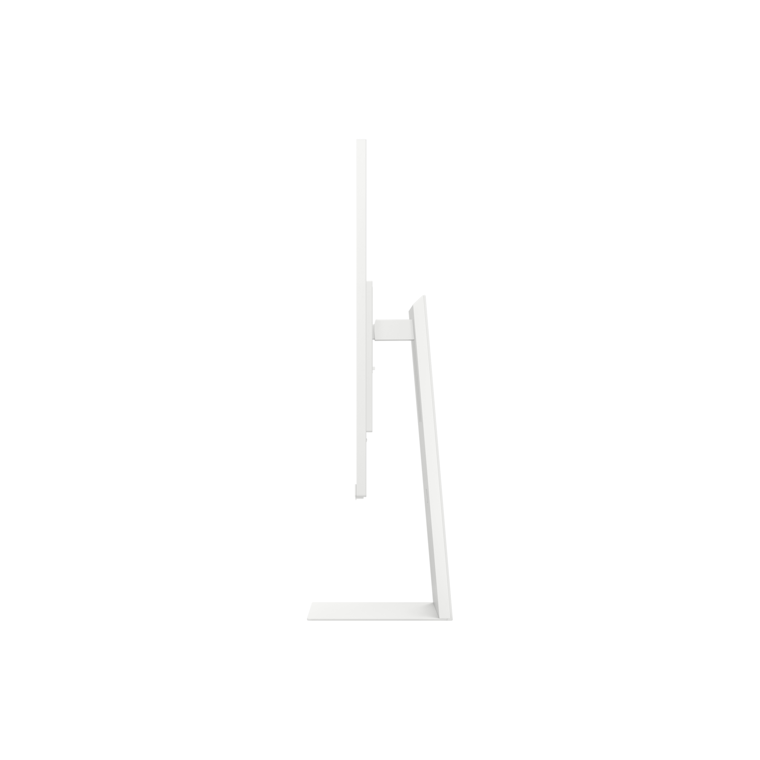 Un écran d'ordinateur blanc de profil sur fond noir. Le support et l'écran sont blancs.