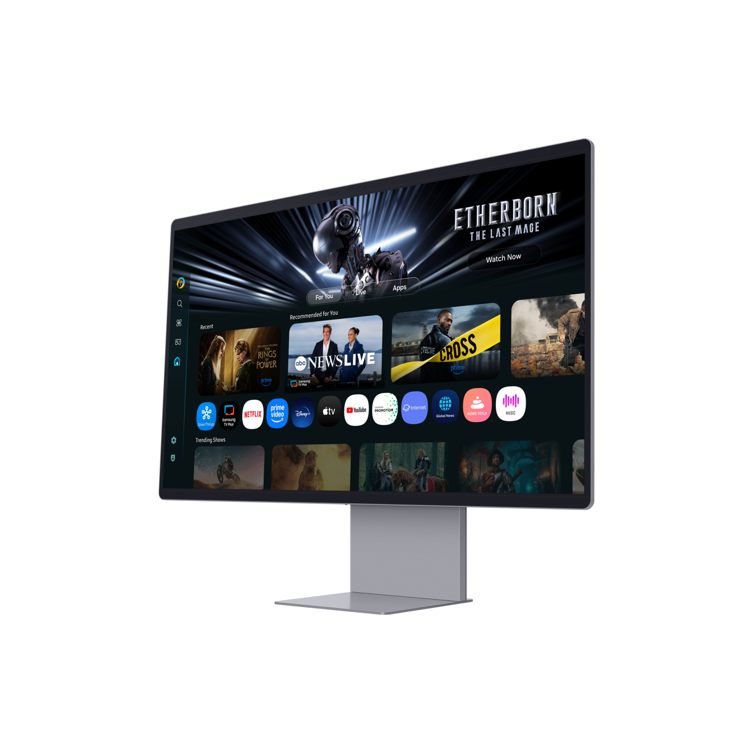 Een flatscreen-tv toont een interface met app-pictogrammen en een filmvoorbeeld. De tv staat op een zilveren standaard.