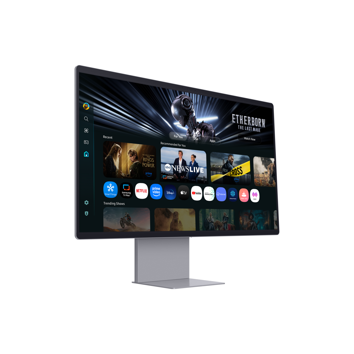 Een tv-scherm toont apps en shows, waaronder 'The Rings of Power' en 'Etherborn'. De tv heeft een zilveren standaard en een donkere achtergrond.