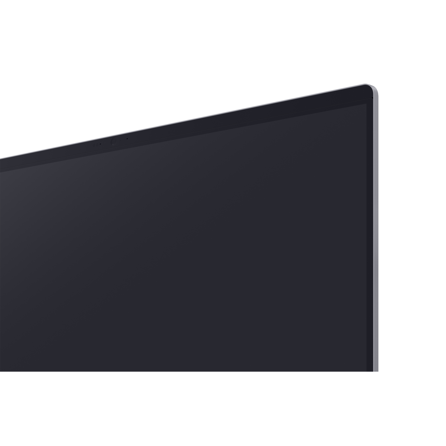 Een deel van een laptop is zichtbaar. Het scherm is donkergrijs met een dunne zilveren rand. De achtergrond is zwart.
