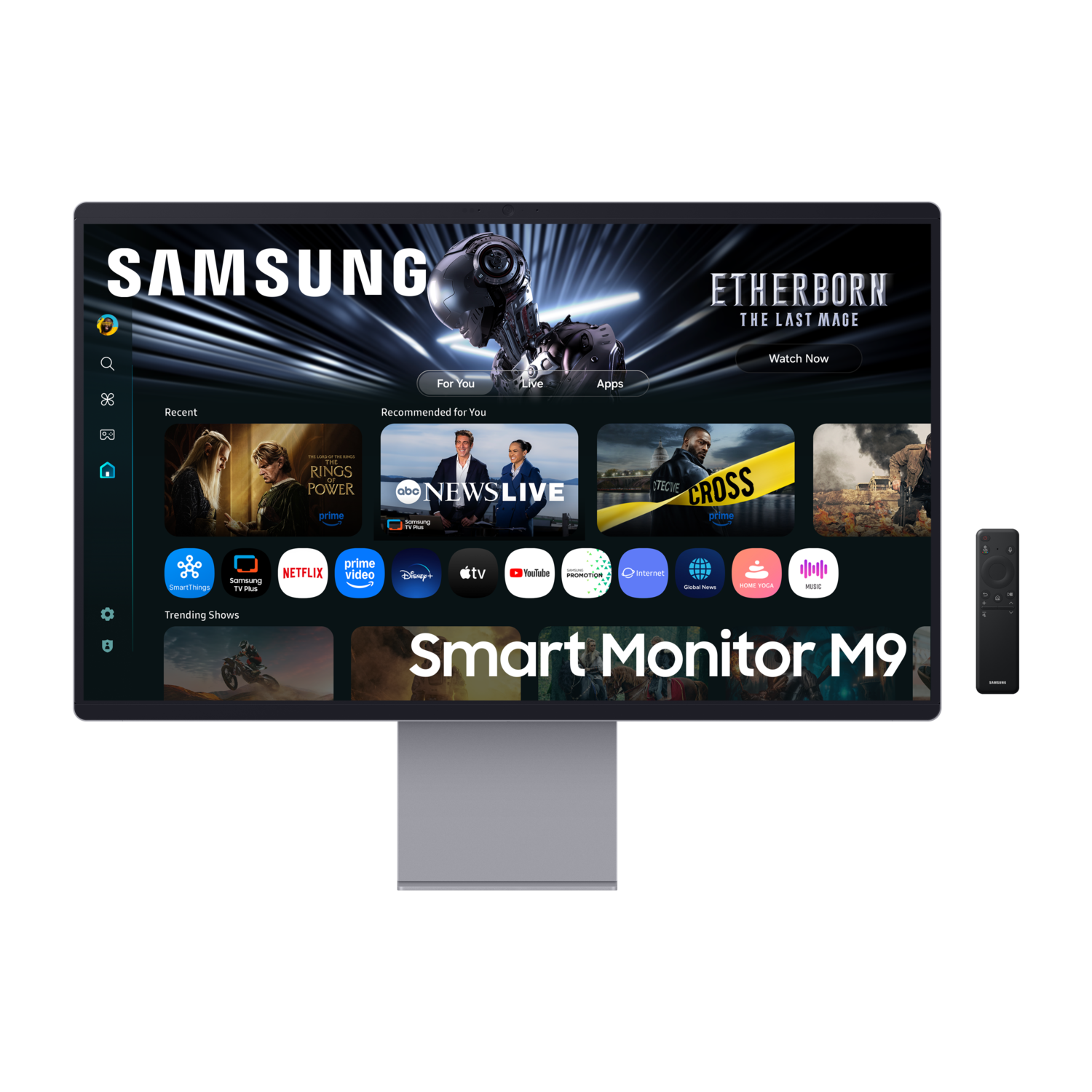 Samsung Smart Monitor M9 op zwarte achtergrond. Het scherm toont apps, en een afstandsbediening staat ernaast.