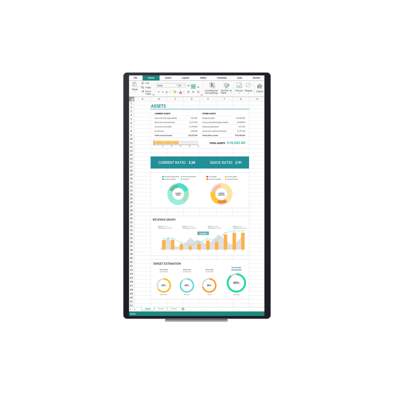 Een spreadsheet met financiële gegevens, inclusief activa, ratio's, inkomsten grafieken en schattingen.