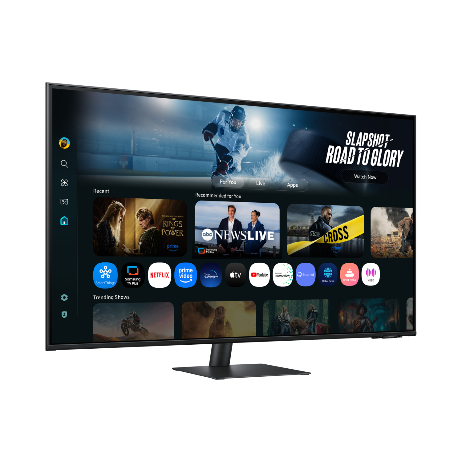 A TV screen displays a hockey game, apps, and show recommendations. The screen is on a black stand.