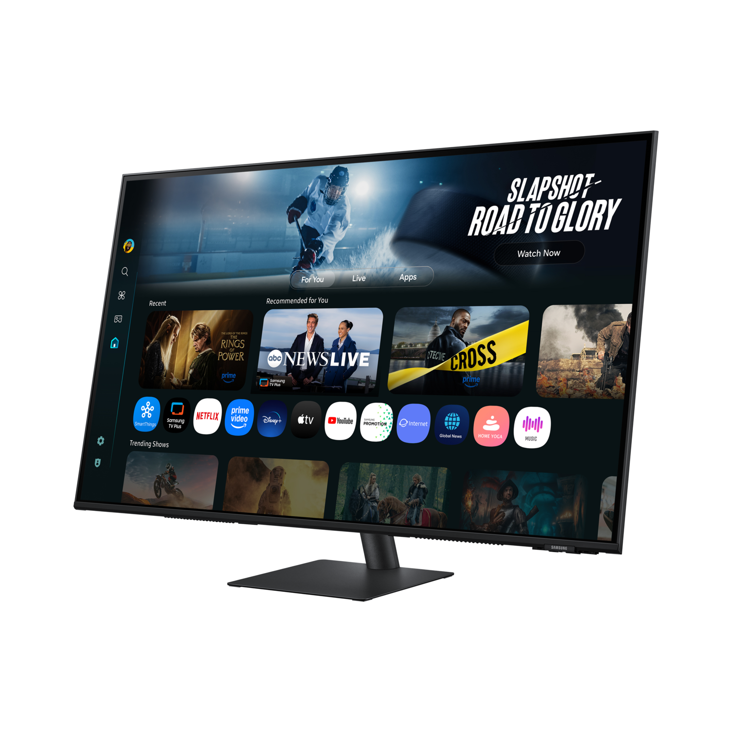 A black monitor displays a TV interface with app icons. A hockey game is shown in the background and the text 'SLAPSHOT-ROAD TO GLORY'.
