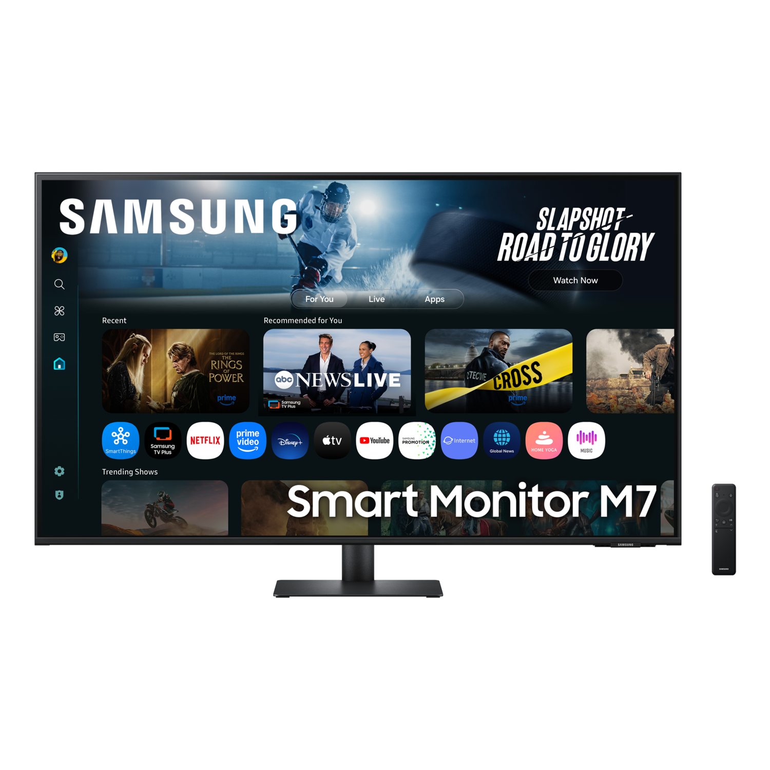 A Samsung Smart Monitor M7 displays its interface. The screen shows apps and a hockey player. A remote is on the right.