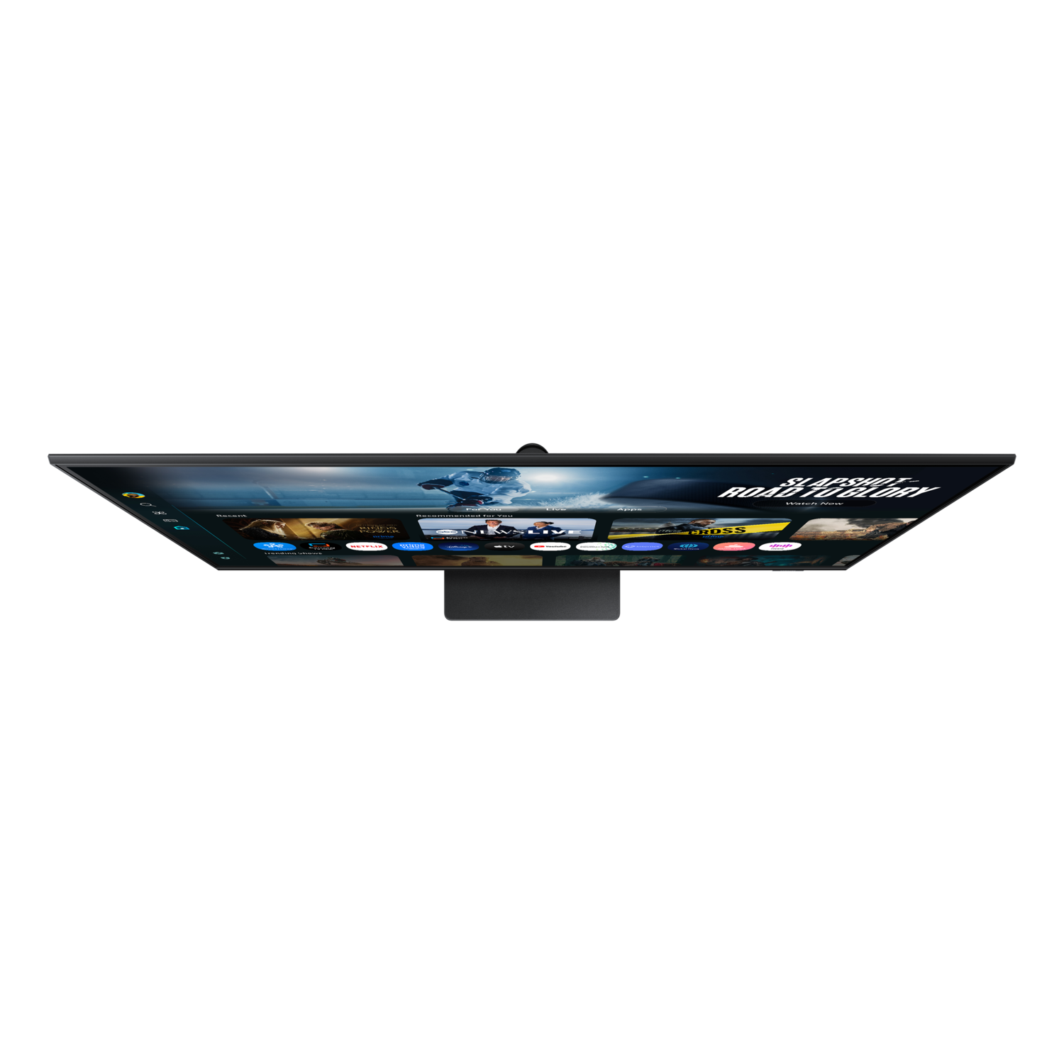 A large, flat-screen TV on a black background. The screen displays a streaming service interface with various content options.