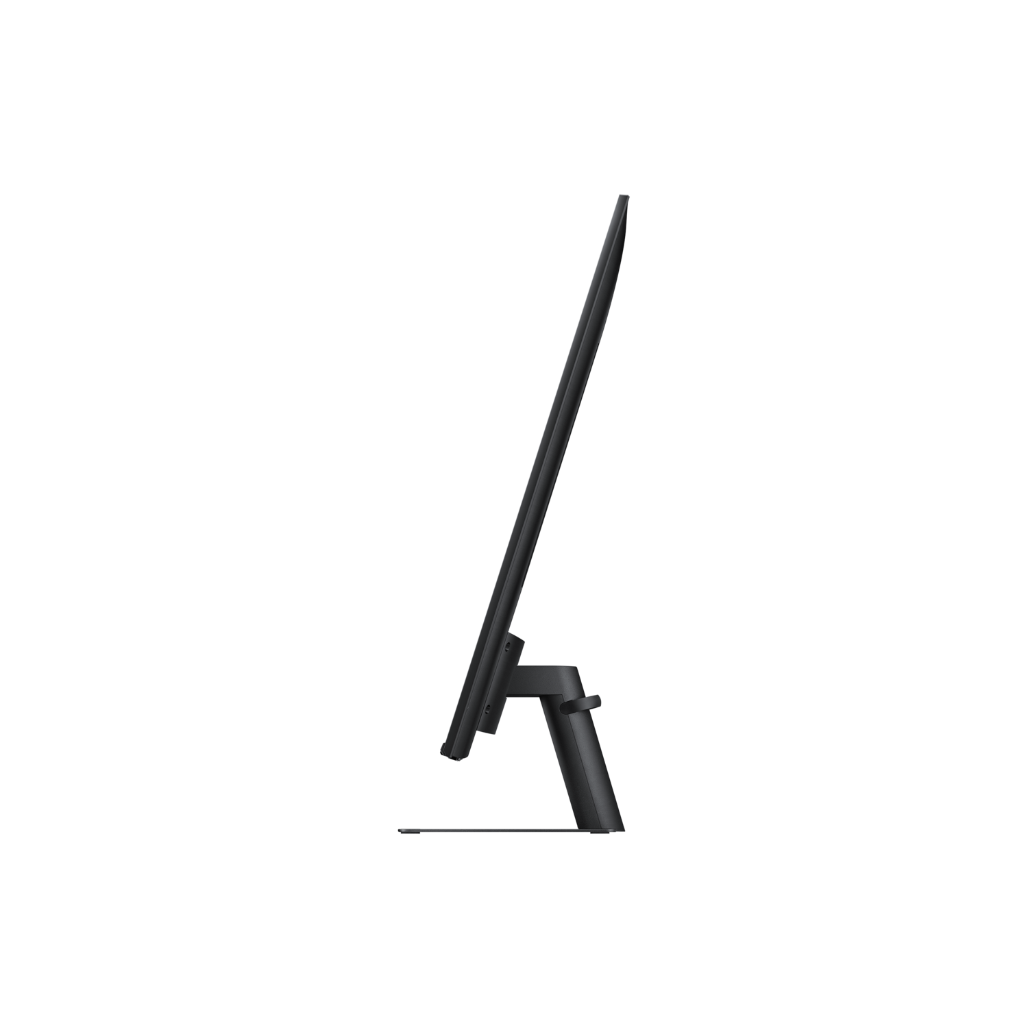 A black computer monitor is seen in profile against a black background. The monitor has a thin frame and a stand.