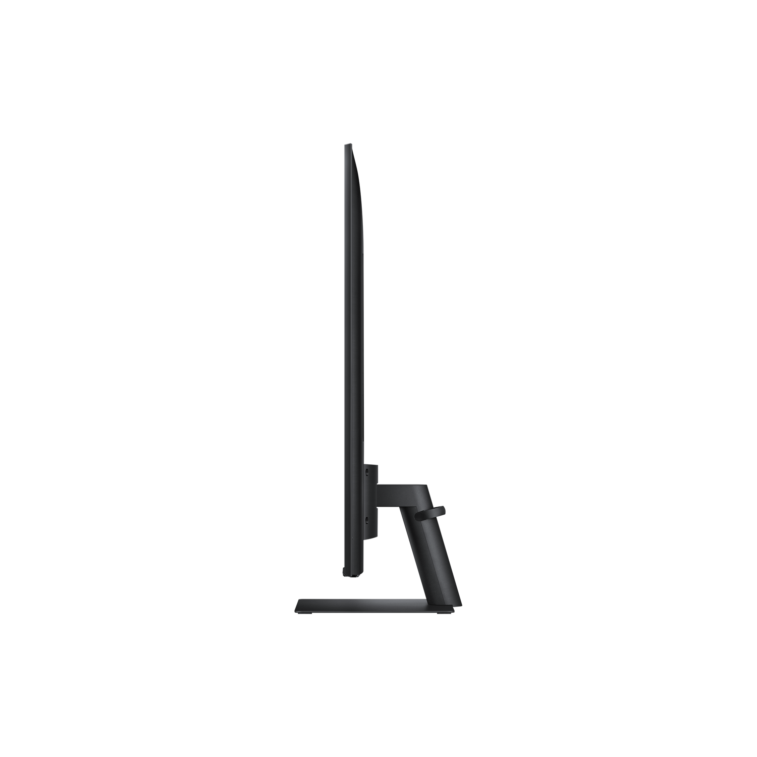 A side view of a black computer monitor on a black background. The monitor has a thin bezel and a stand.