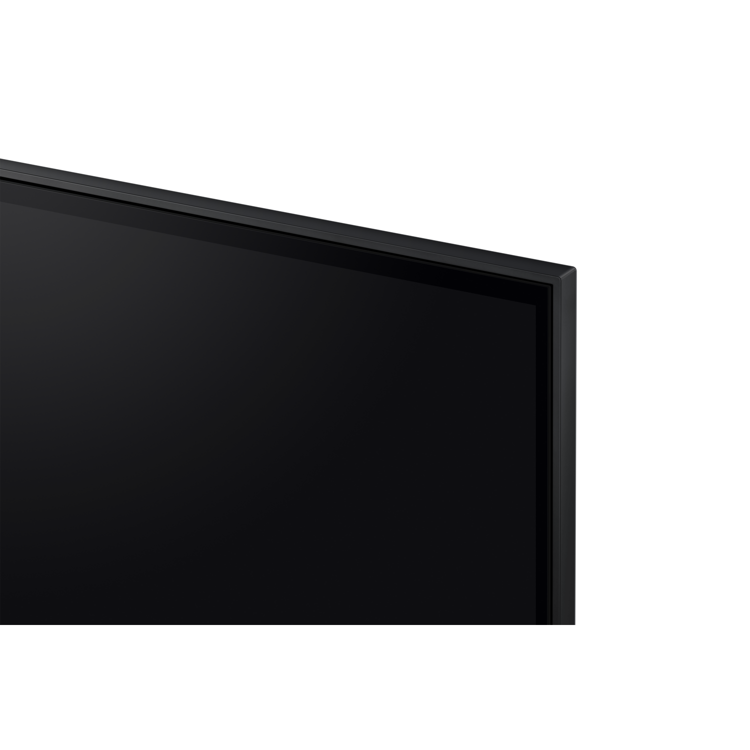 Close-up of a black flat-screen TV. The corner is visible, showing a black bezel and screen against a black backdrop.