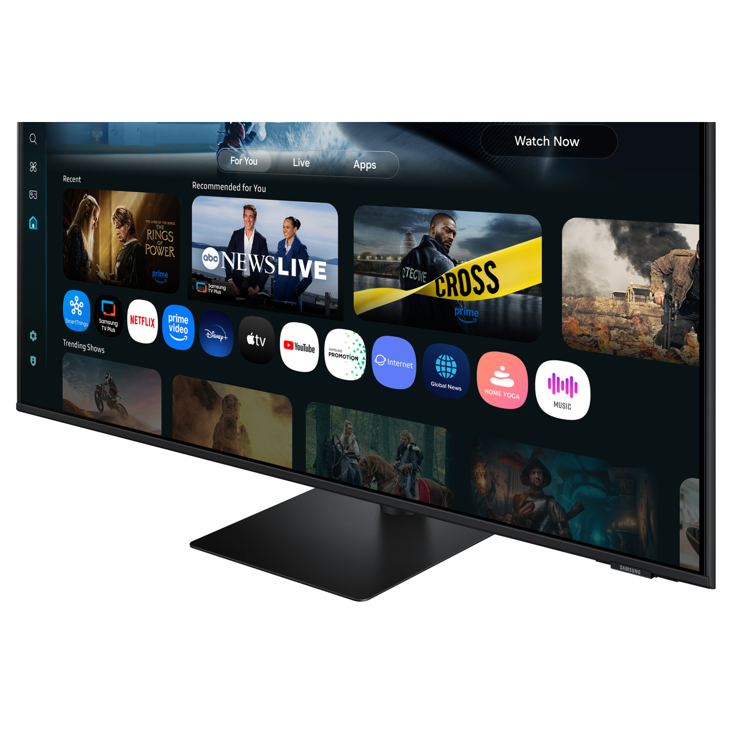 A modern TV displays streaming apps. Shows include 'The Rings of Power' and 'News Live'. Apps like Netflix and YouTube are shown.