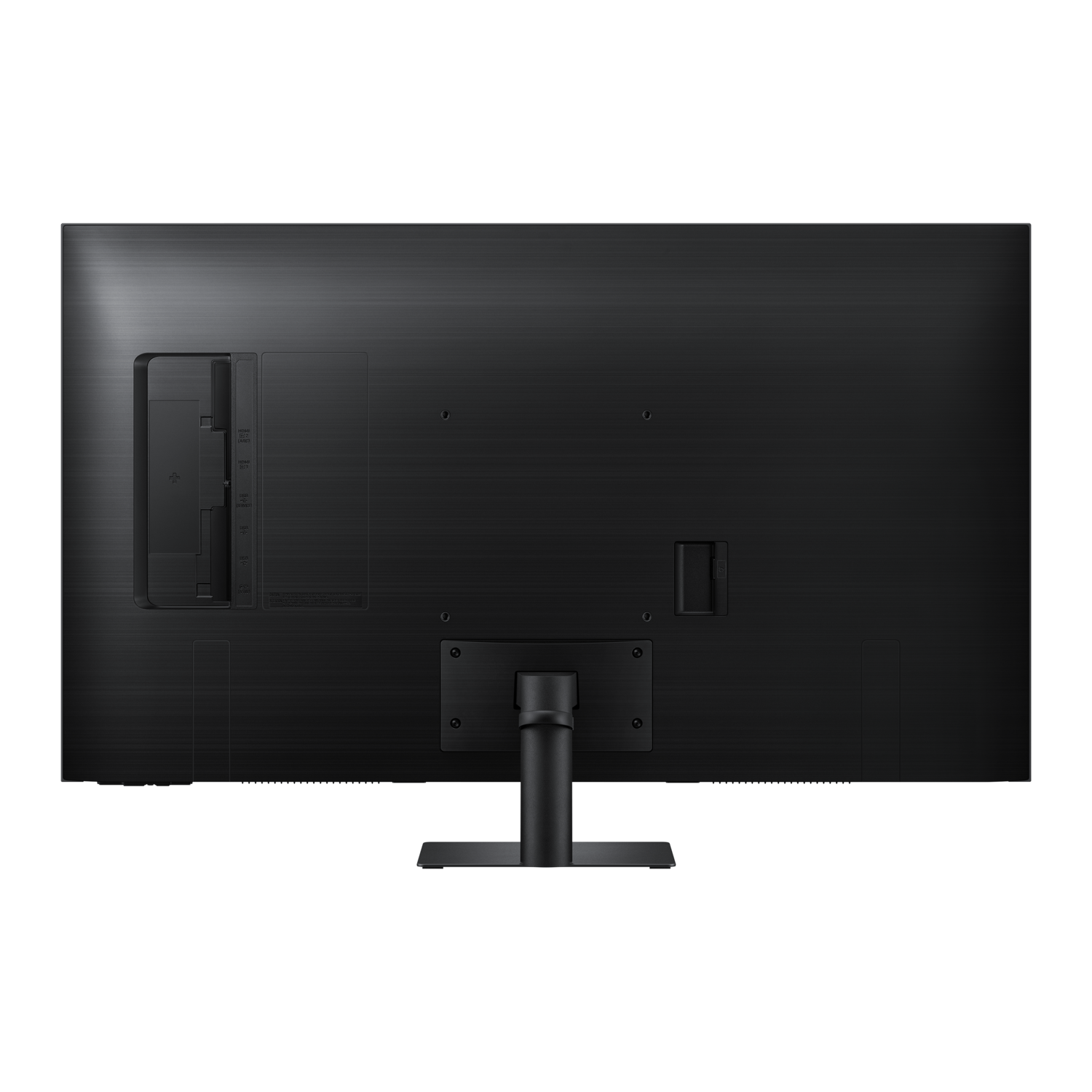 The back of a black TV screen, with ports and a stand. The surface has a brushed metal texture.