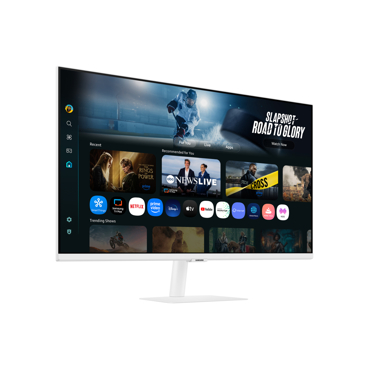 Een witte Samsung-monitor toont een smart-tv-interface. Uitgelichte apps zijn onder meer Netflix, Prime Video en Disney+. Het scherm toont hockey.