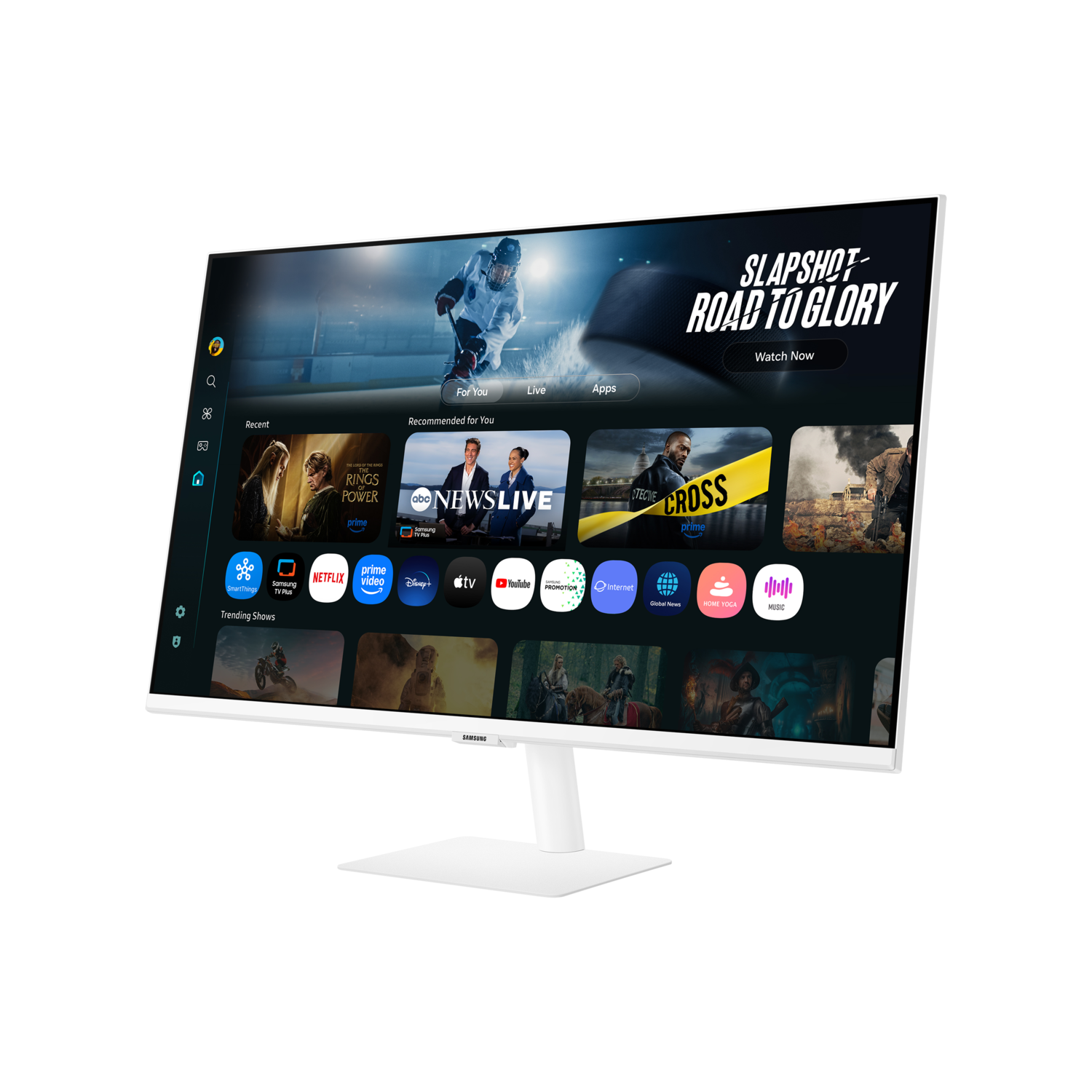 Een witte Samsung-monitor toont een streaming service-interface. Het scherm toont hockeybeelden, app-pictogrammen en thumbnails van shows.