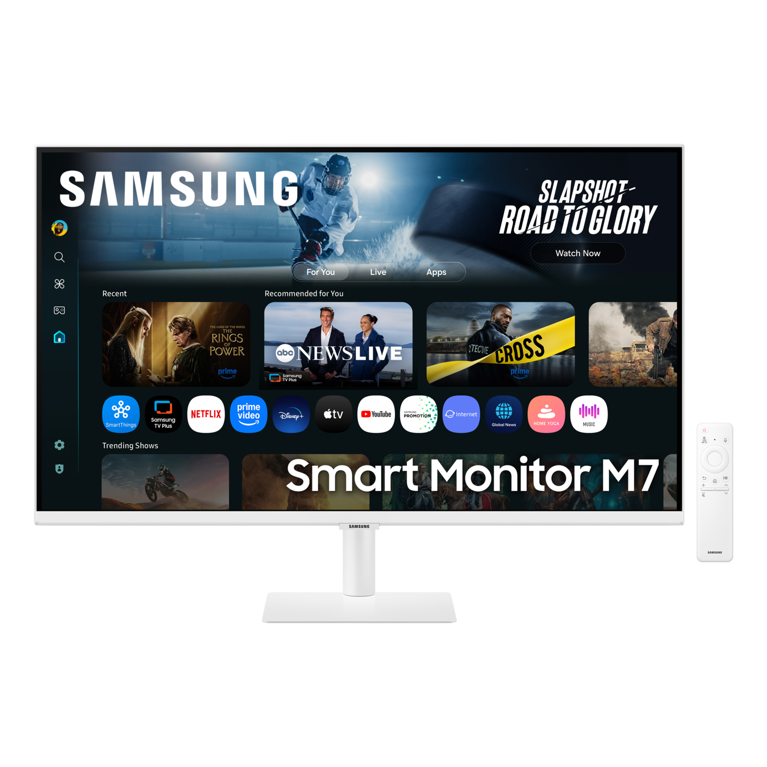 Een witte Samsung Smart Monitor M7 toont een hockeywedstrijd en streaming-apps. Een afstandsbediening staat rechts.