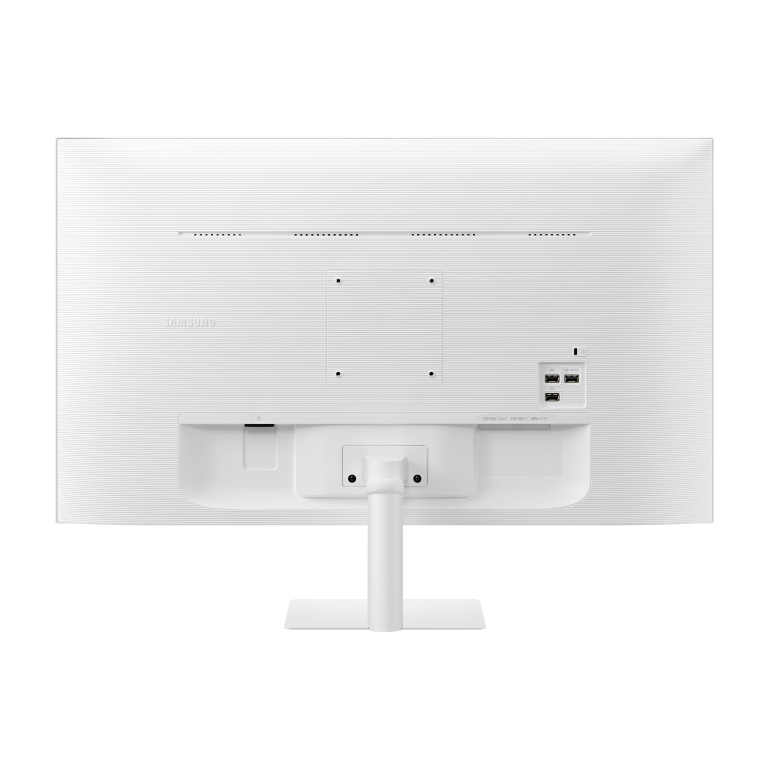 Achterkant van een witte Samsung monitor. Het heeft poorten, een standaard en de merknaam. De achtergrond is zwart.