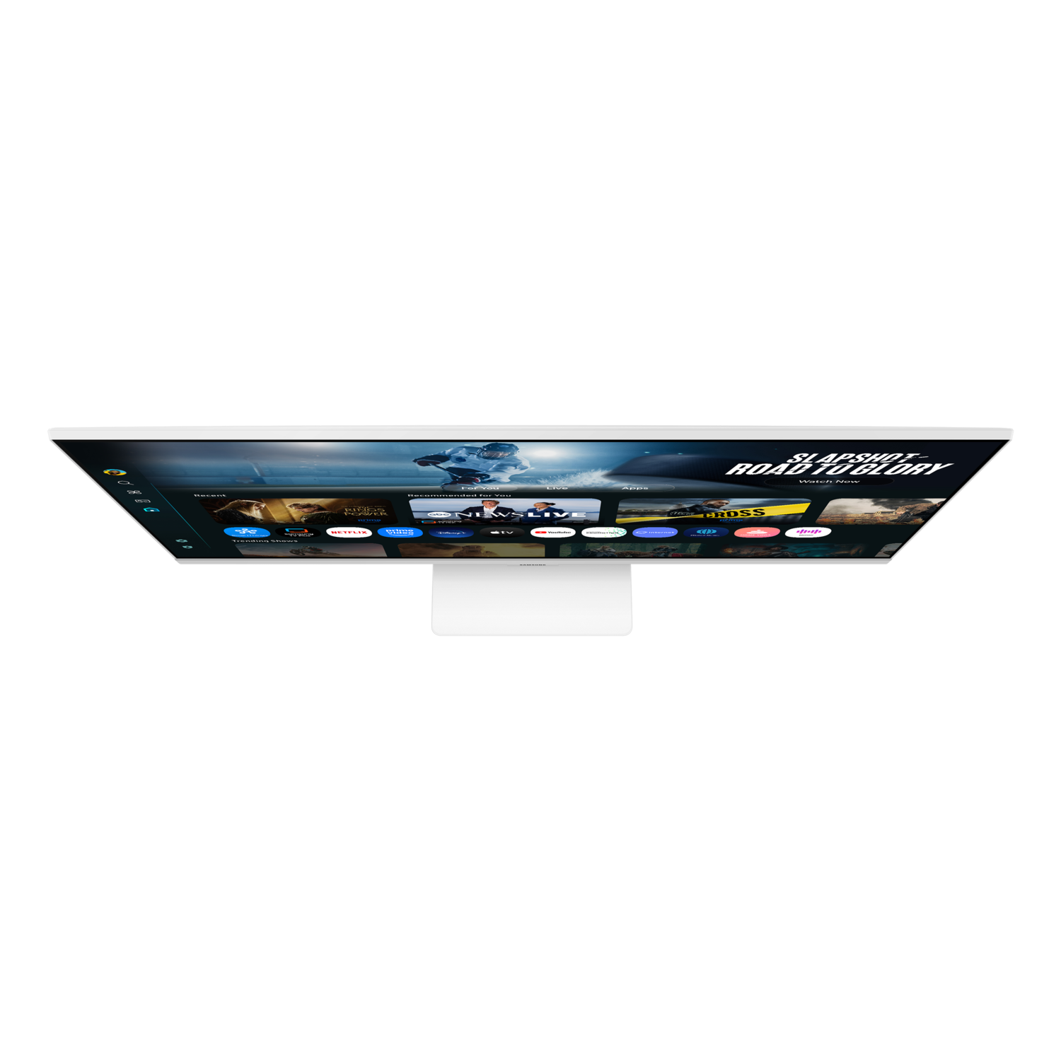 Een witte monitor toont een startscherm met app-iconen. Het scherm toont apps zoals Netflix, YouTube en nieuwszenders.